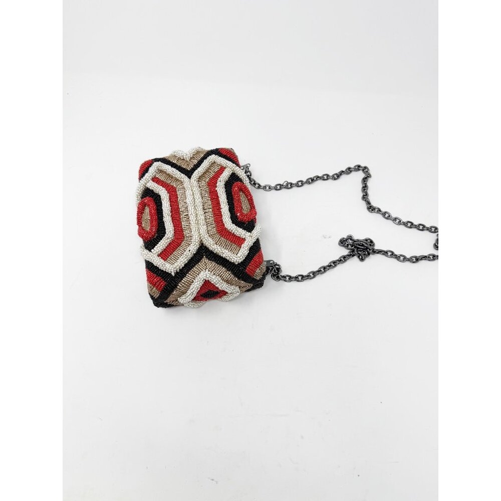 Maliparmi Womens Beaded Geometric Crossbody Bag Purse Gold Chain Strap Red Black